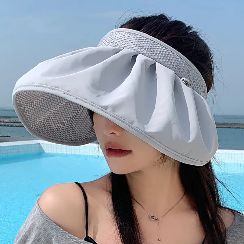 

Sun Hats For Women Summer Empty Top Beach Hat Female Foldable Sunshade Ladies Visor Cap Gorro Solid Color Black Shell Caps