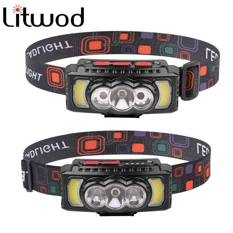 

2Led Headlamp Built in 18650 Battery COB Sensor Head Lamp Torch Flashlight Headlight Running Fishing Camping Hiking Lantern Bulb