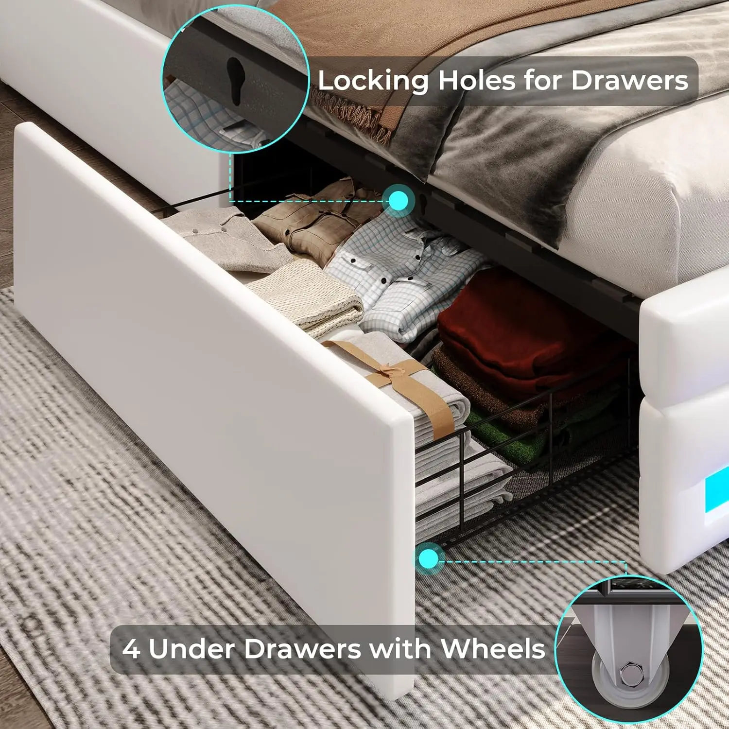 Queen Bed Frame with Drawers, LED Bed Frame with Charging Station, Pu Leather Platform Bed Frame Queen Size with Storage, White 6