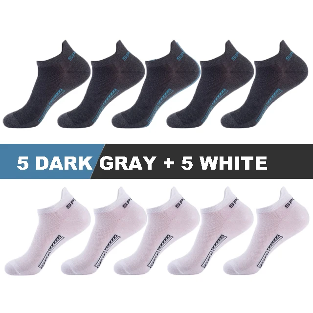 10Pairs/Lot High Quality Men Socks Ankle Breathable Cotton Sports Socks Mesh Casual Athletic Summer Thin Cut Short Sokken Gifts 5darkgray 5white