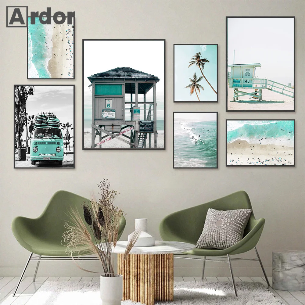 

Summer Green Car Sea Wave Beach Coconut Tree Wall Art Canvas Painting Seagull Print Nordic Wall Pictures Living Room Home Decor