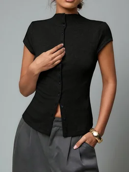 Women's fashionable knitted turtleneck top, slim and comfortable four-season short-sleeved cardigan, can be worn as a base layer 1