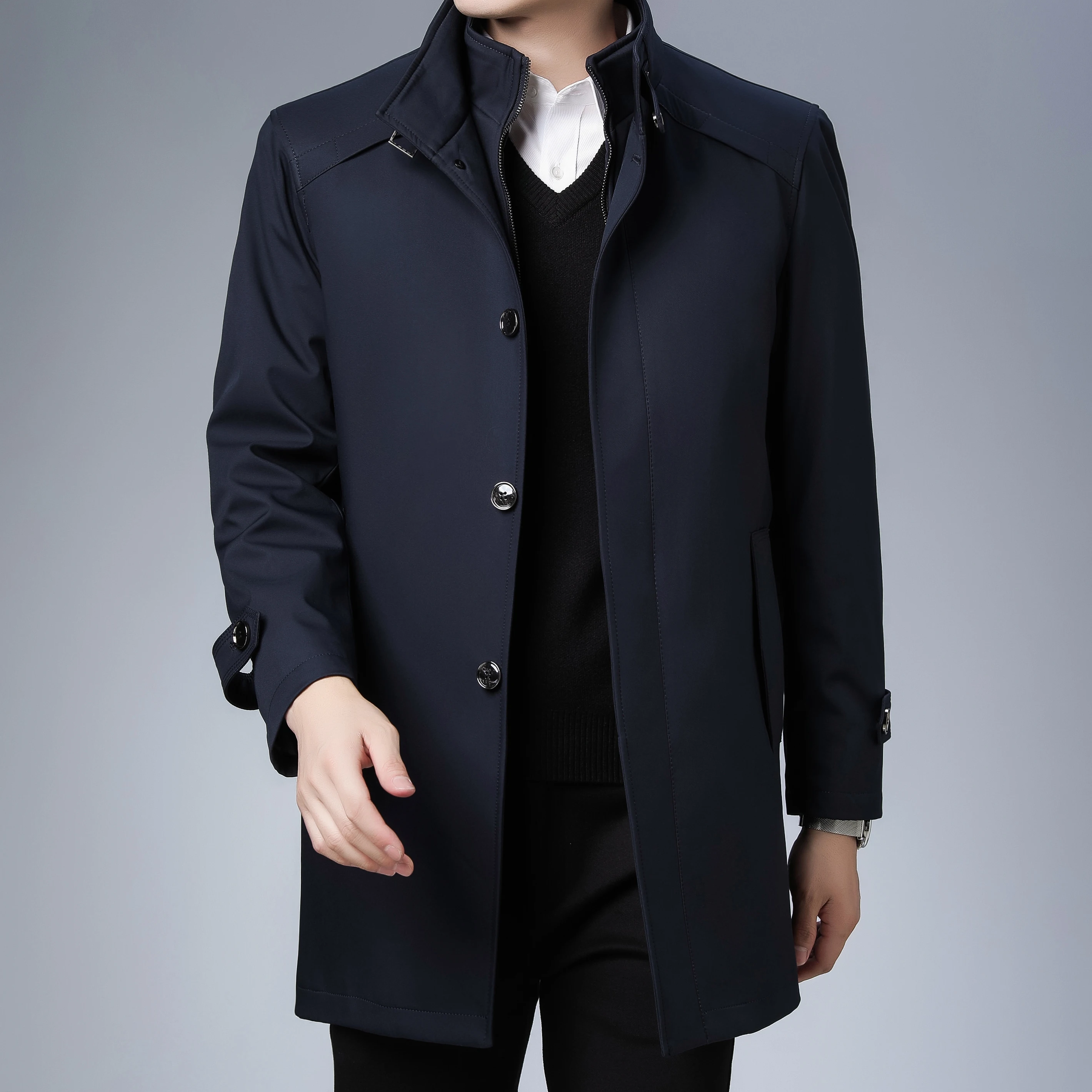 Mens Spring Autumn Windbreak Overcoat Long Trench Coats Business Casual Spring Men's Solid Turn-down Collar Long Jacket Clothing