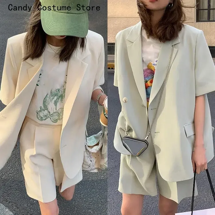 2 Piece Women Casual Office Ladies Suits Korean Loose Short Set With Blazer Summer Thin Short-sleeved Blazers + Shorts