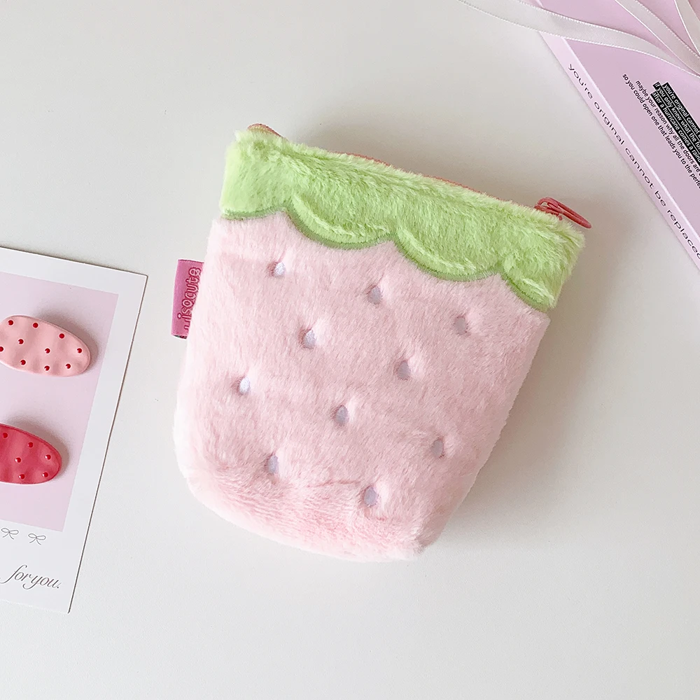 Cute Strawberry Plush Pencil Case With Zipper For Travel Makeup_voghion.com