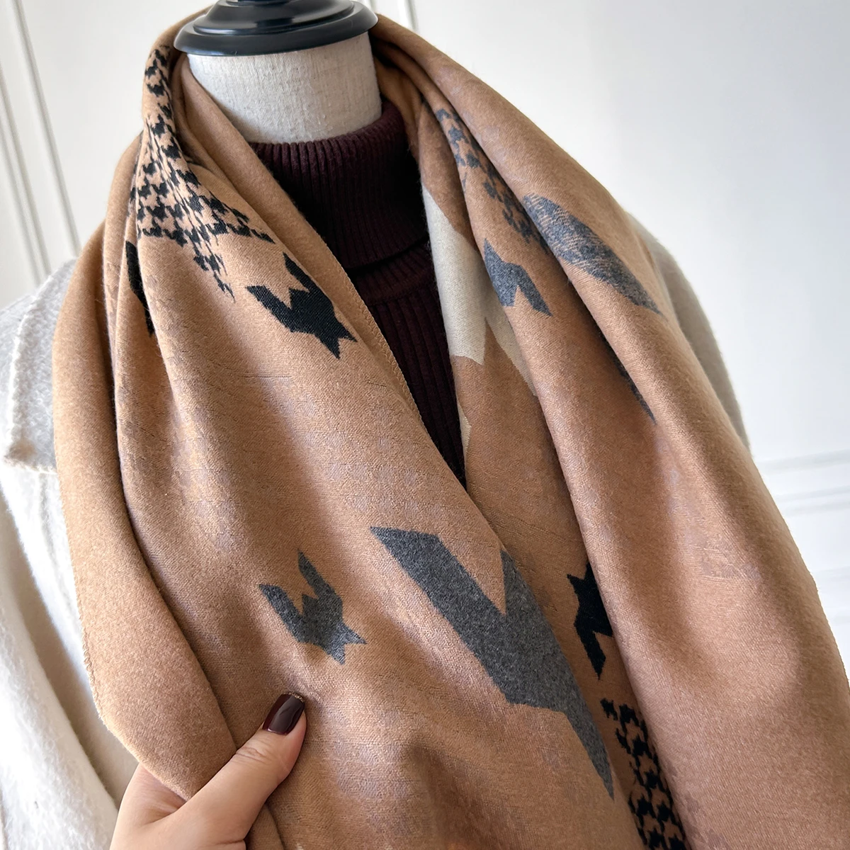 Winter Cashmere Scarf Women Houndstooth Design Elegant Warm Pashmina Blanket Poncho Scarves Female Print Shawl Foulard Bufanda
