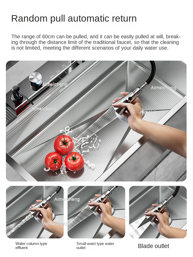 Silver Nano 304 Stainless Steel Digital Display Waterfall Sink Multifunctional Vegetable Washing Pool Integrated faucet 4