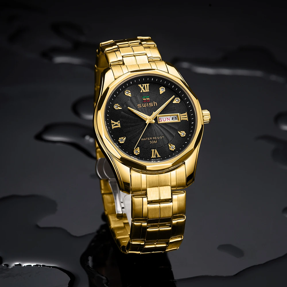 Two Tond Gold Men Watch Quartz Movement Auto Date Business Dress Clock Luxury Wild Wristwatch Steel Bracelet Relogio Masculino