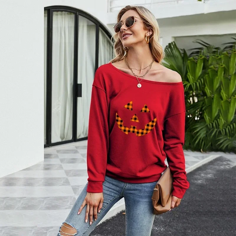 Women Wild Casual Long Sleeve Halloween Printed Tops Sexy Oblique Collar Sweatshirt 2021 Fall Winter New Loose Fashion Pullover