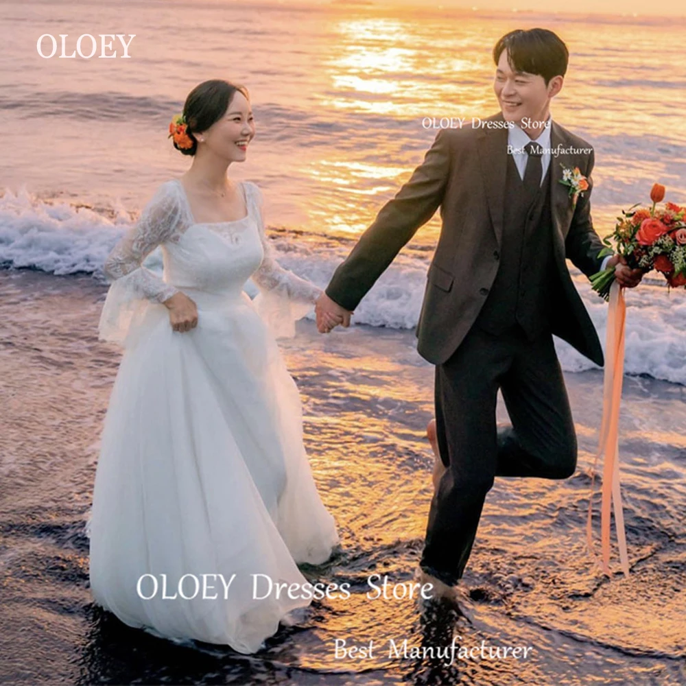 

OLOEY Vintage Korea Women A Line Tulle Lace Wedding Dresses Long Sleeves Square Neck Floor Length Beach Bridal Gowns Photoshoot
