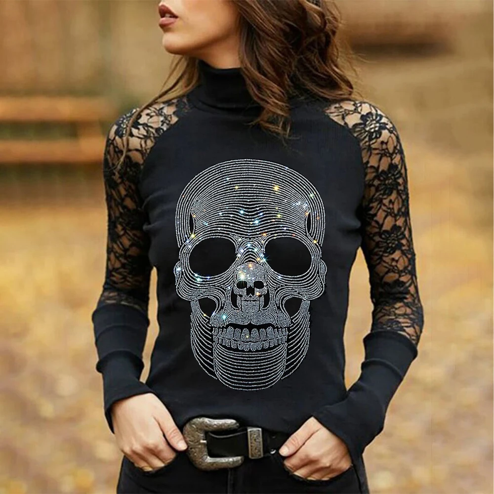 Winter Red Lips Hot Drill Print Ladies T-Shirt Fashion Solid Lace