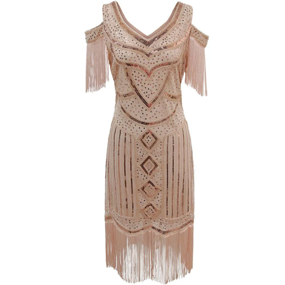 1920s Gatsby Ball Heavy Industry Embroidery Beading Retro Sequin Skirt Banquet Dress Cocktail Party V Dress