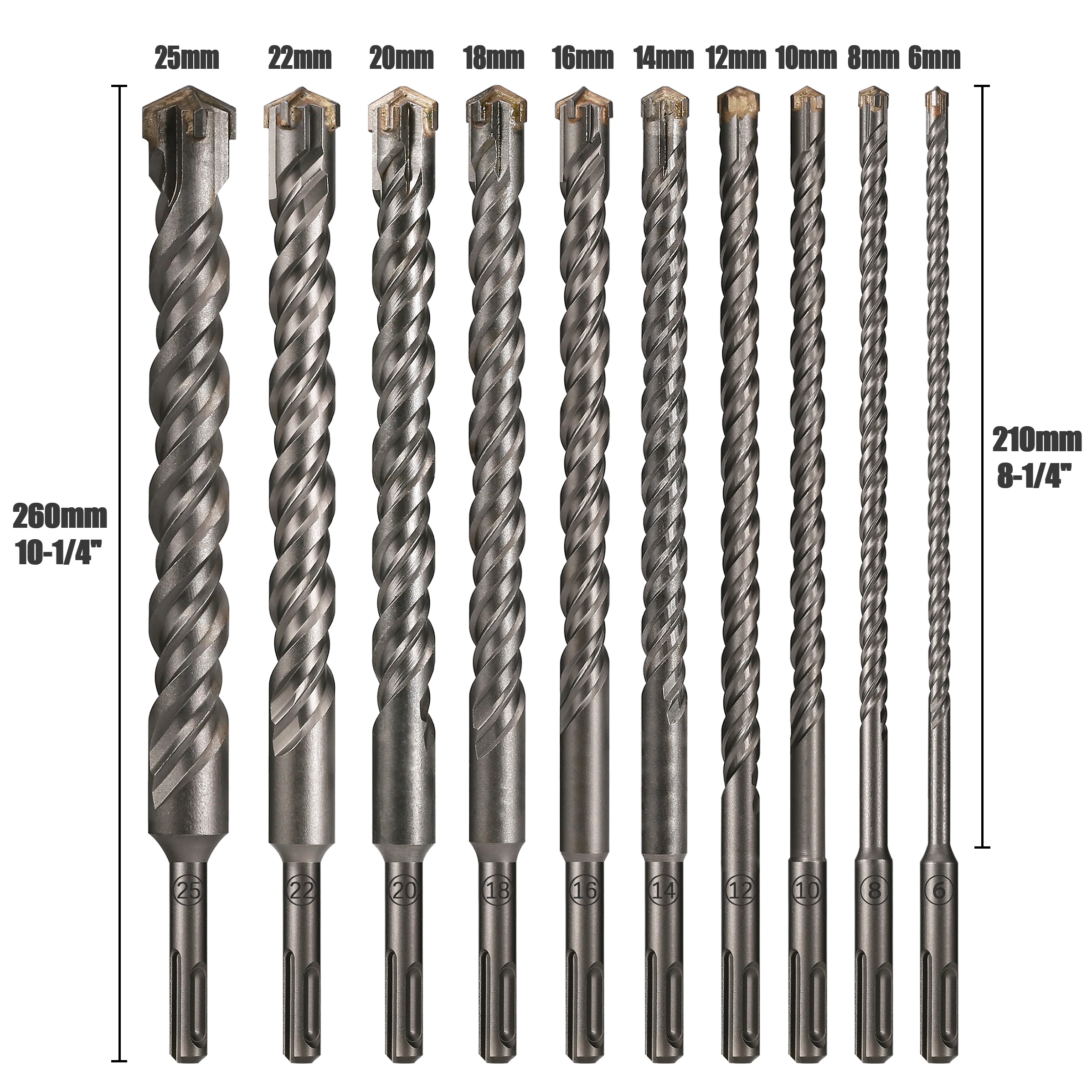 1Pc 260mm 길이 SDS Plus 6-25mm 벽돌 비트 크로스 커터 헤드 벽돌 블록 전기 해머 콘크리트 용 더블 오거 해머 비트