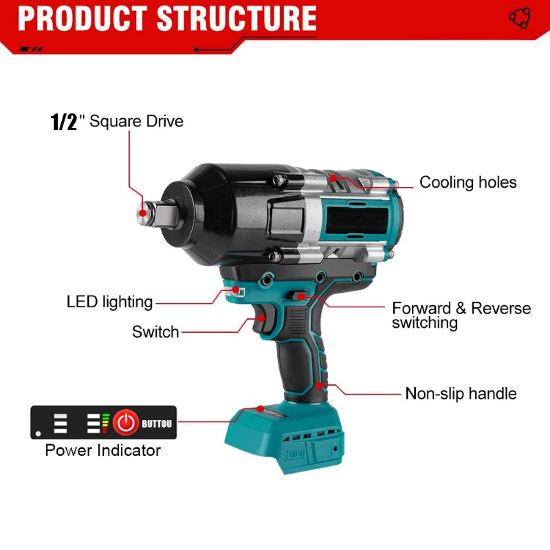 Brushless Electric Impact Wrench, Super Power chave de fenda, Chave sem fio, Ferramentas elétricas para Makita 18V Bateria, 3100 NM High Torque