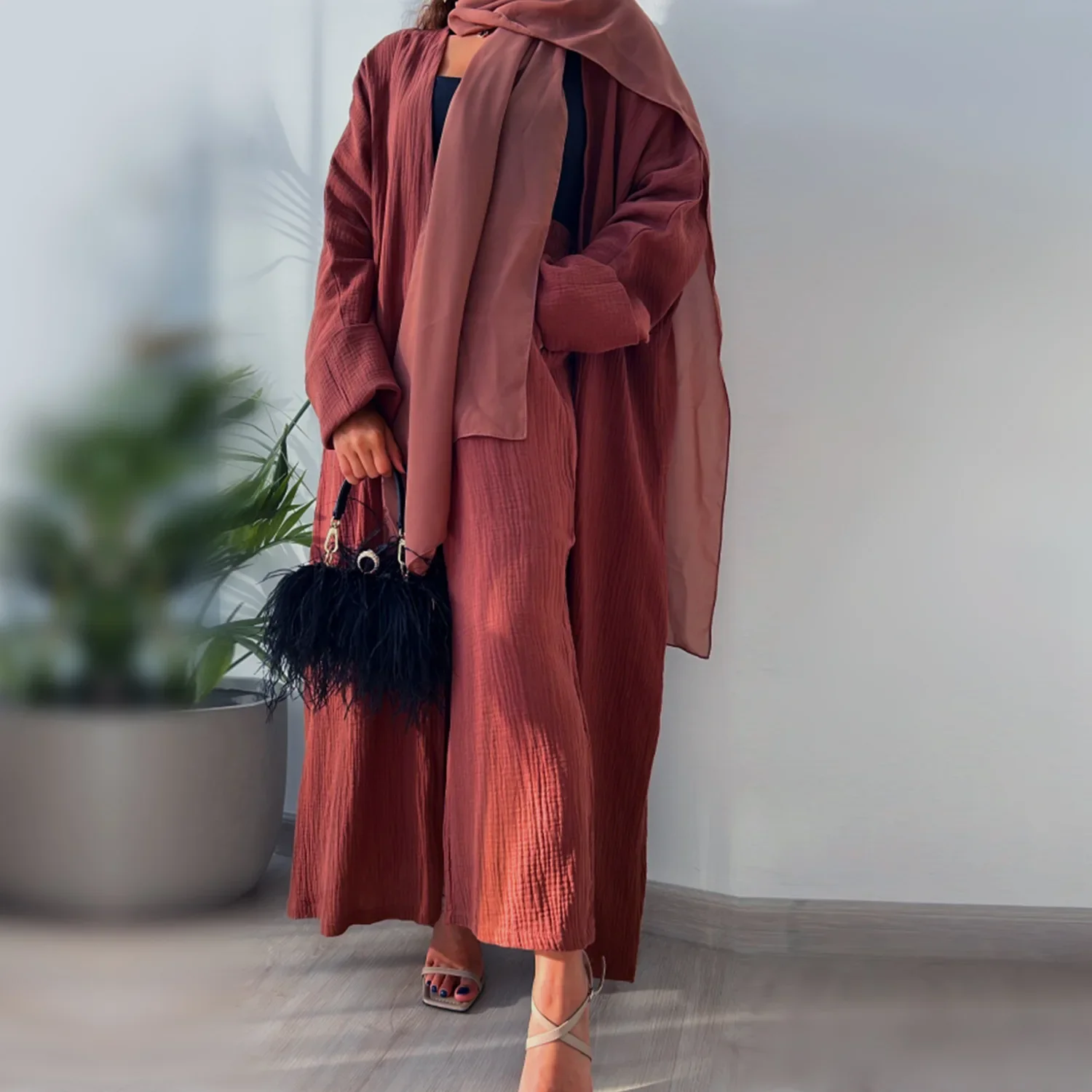 Summer casual Kimono Abaya with Pants Turkey Muslim Dress Plain Cotton Open Abayas for Women Dubai Islam Modest Outfit Kaftan