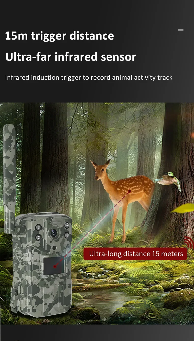 2560x1440 4G Solar Trail Camera, The Solis 2560 4G Trail Camera captures animal activity tracks at 15-meter trigger distance and far infrared sensor.