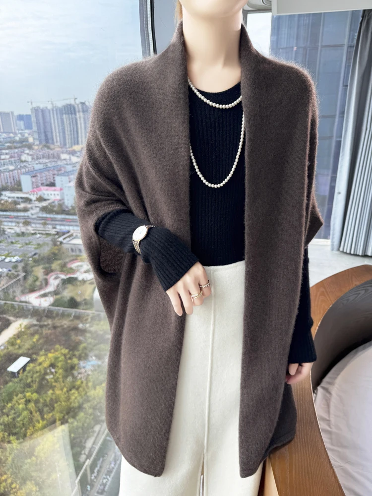100% Merino Wool Shawl Women's Knitted Sleeveless Cardigan Autumn Winter Thick Warm Solid Color Cape Fashion Korean Loose Jacket 5