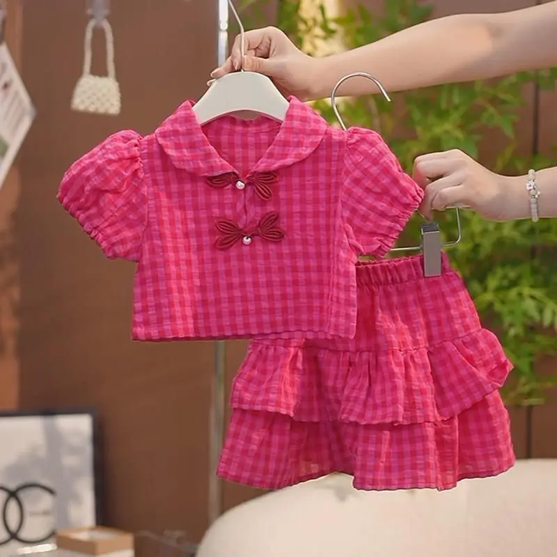 Kinder-Sets Mädchen Sommerkleid Neues Süßes Lässiges Kariertes Kleid Baby Mode Lässiges 2-Teiliges Set