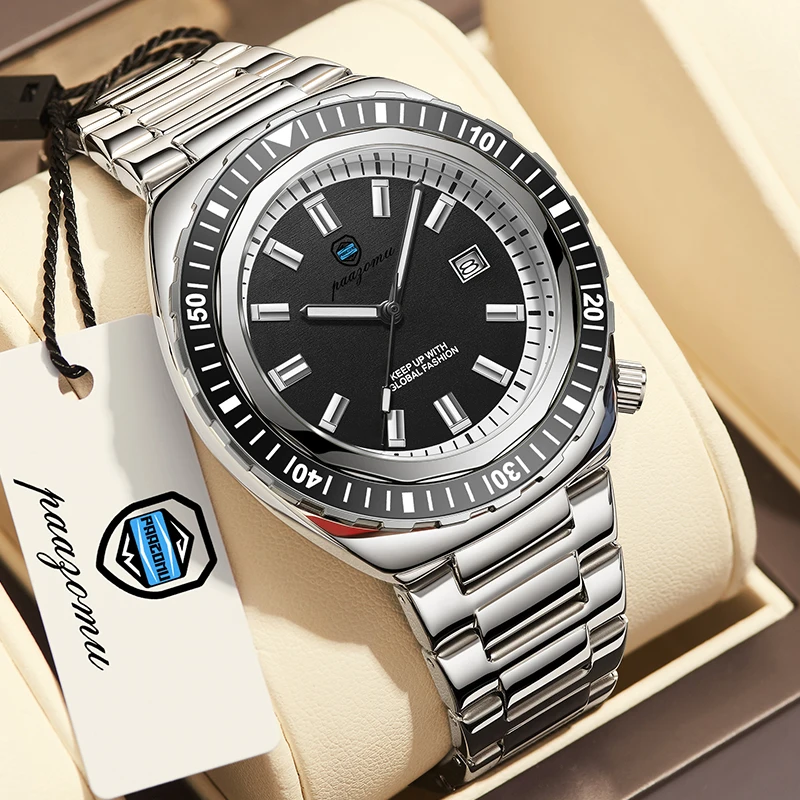 Montre homme de luxe, style business, date, jour de la semaine, étanche, lumineuse, bracelet sport en acier inoxydable, mouvement à quartz._voghion.com