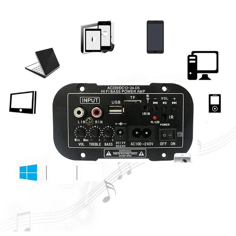 가정용 및 차량용 디지털 파워 앰프, 내장 블루투스, 12V 24V 220V 서브우퍼, 마이크 포함 U 디스크 앰프 (US 플러그)