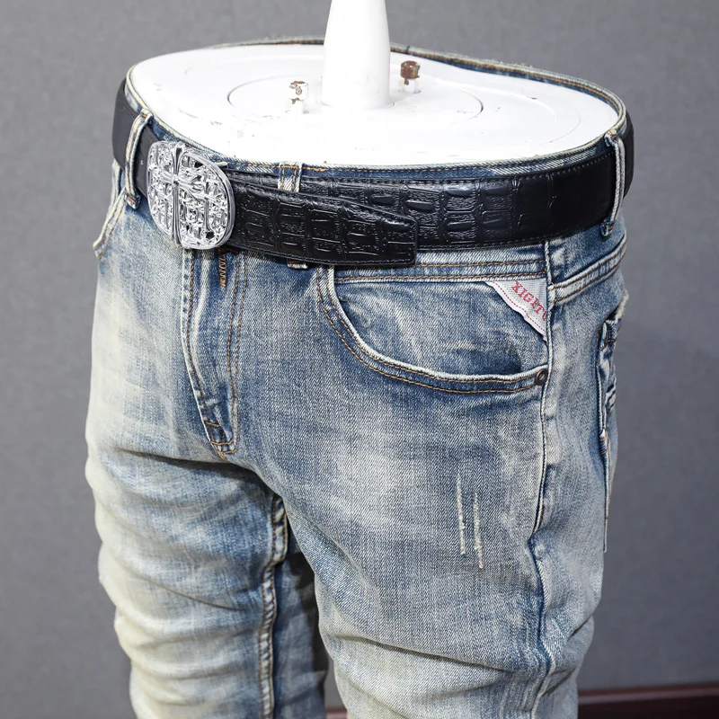 Italian Style Fashion Men Jeans High Quality Retro Washed Elastic Slim Fit Ripped Jeans Men Vintage Designer Denim Pants Hombre