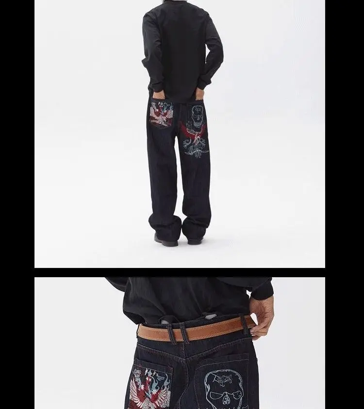 Description Picture 4 of itemAmerican Skull Embroidered Loose Casual Jeans Embroidered Baggy Jeans Denim Men Women Goth High Waist Wide Trousers Y2k Pants