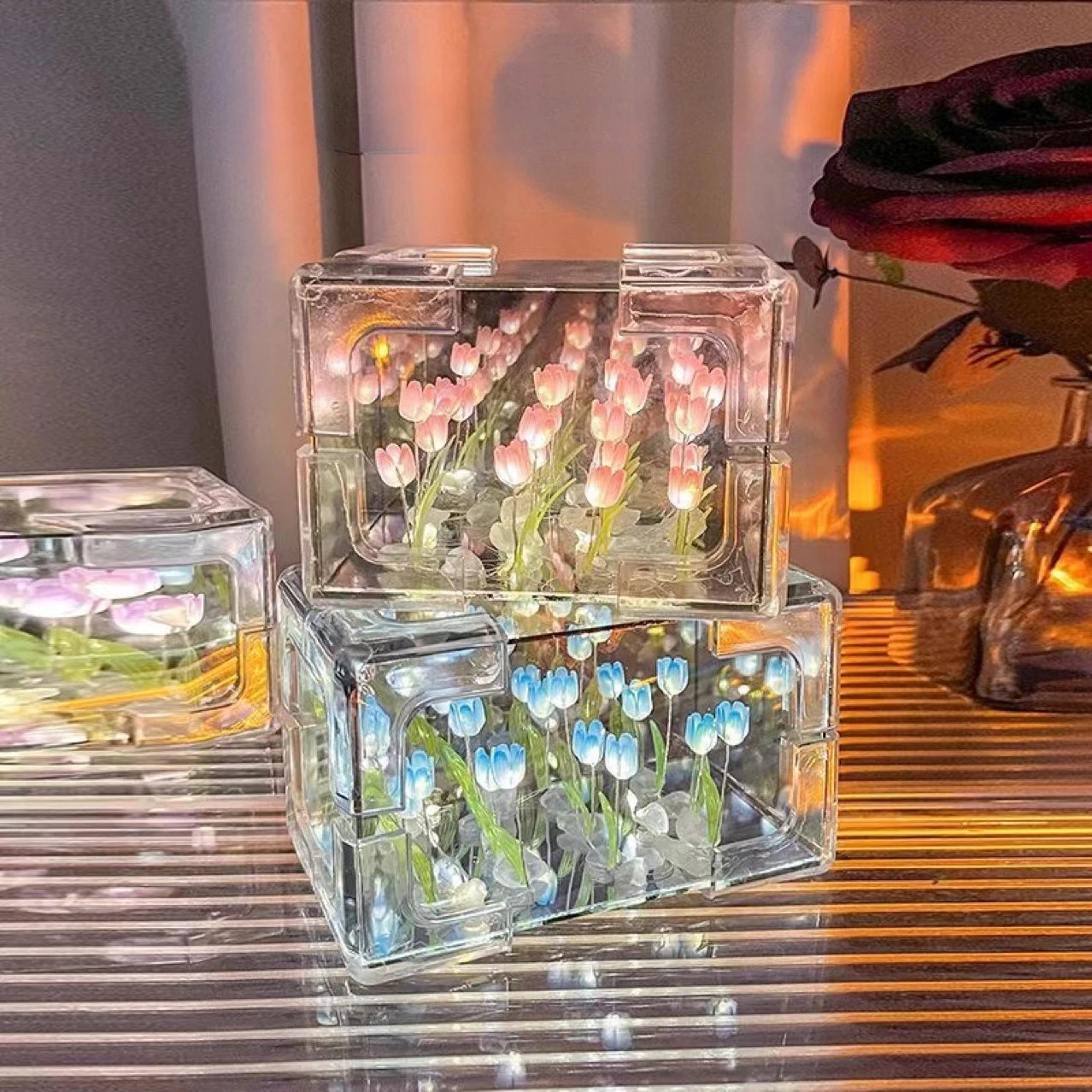 Creative Diy Tulip Flower Sea Cube Three-Dimensional Small Night Lamp Material Package for Girlfriend Couple three dimensional night lamp,night light,miniature lamp