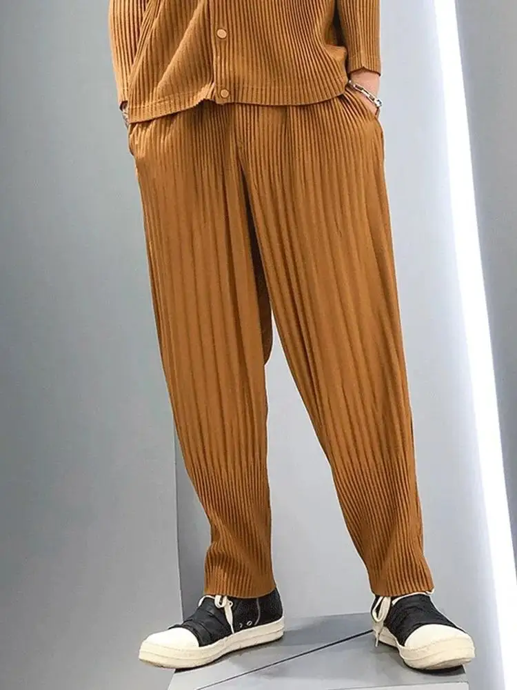 Loose Casual Summer Pants Men's Windbreaker Trousers Pleated Harajuku Sle High Waist Knitted Glass Fiber Resistant to Wrinkles