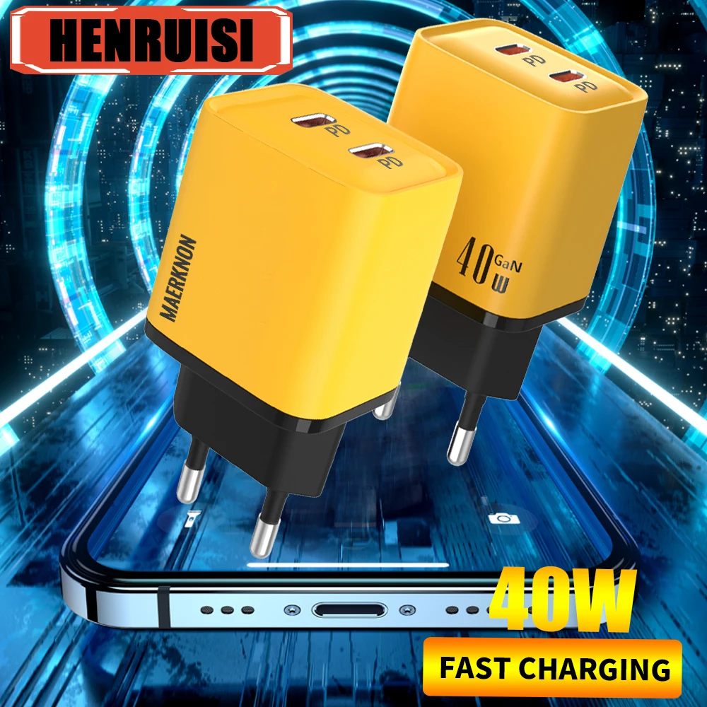 40W GaN Dual PD Ports Fast Charging Type C Wall Charger Adapter For iPhone 15 14 Xiaomi Samsung Quick Charge 3.0 Phone Charger