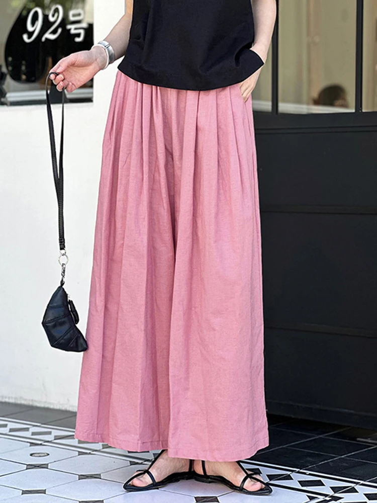 [LANMREM] Elastic High Waist Linen Pants For Women Straight Wide Leg Trousers Office Lady Loose Clothing 2024 Summer New 26D9370