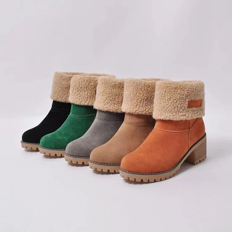 

2023 Winter Women Short Tube Snow Boots Ladies Warm Fur Shoes Middle Square Heel Suede Turned-over Edge Fashion Show Leg Length
