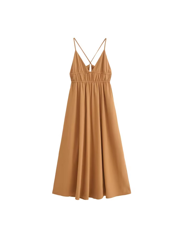 TRZA Women Fashion Flowing Midi Dress V Neck Thin Adjustable Straps Female Dresses Vestidos Mujer