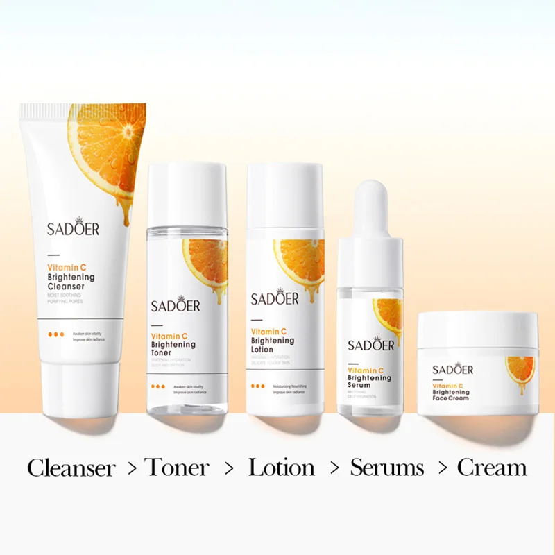 SADOER Vitamin C Skin Care Sets Facial Cleanser Toner Face Cream Serum Lotion Whitening Moisturizing Face Travel Size Skin Care