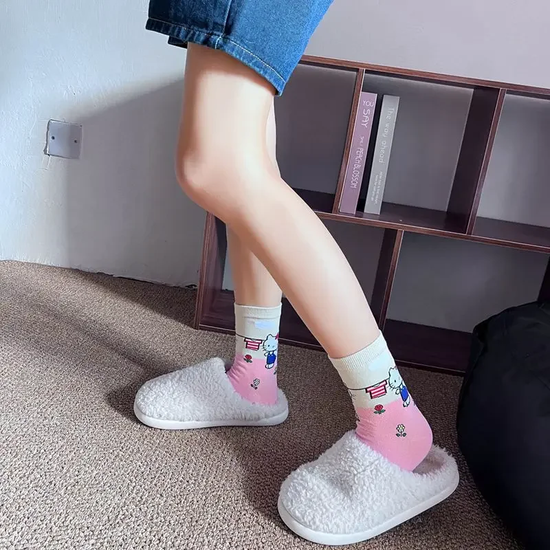 Sanrio Kawaii Anime Cartoon New Pink Plaid Medium Tube Socks Women's Ins Style Versatile Cute Hello Kitty Socks Cotton