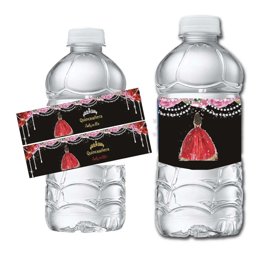 30/20 Quinceasenera 15Th Red Floral Roses Princess Water Bottle Etichette Adesivi Wine Candy Bag Confezione Regalo Wrap Compleanno Anniversaire