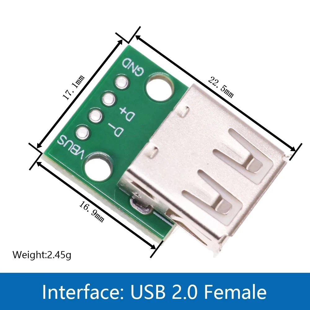 USB 타입 A 암형 보드 2.54mm 피치 커넥터 4핀 DIP 소켓 보드(전원 공급용)