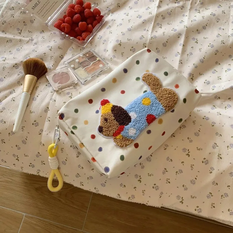 Cute Little Dog Embroidered Large Capacity Makeup Organizer Bag Portable Travel Toiletry Case for Women Cosmetic Storage Bag
