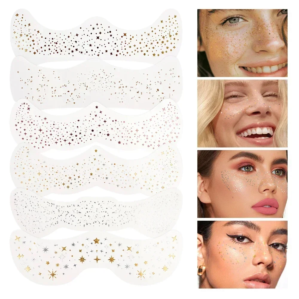 6pcs Hot Stamping Freckles Makeup Patches Metallic Radiation Golden Silver Fake Freckles Temporary Tattoo Stickers Face Makeup 2