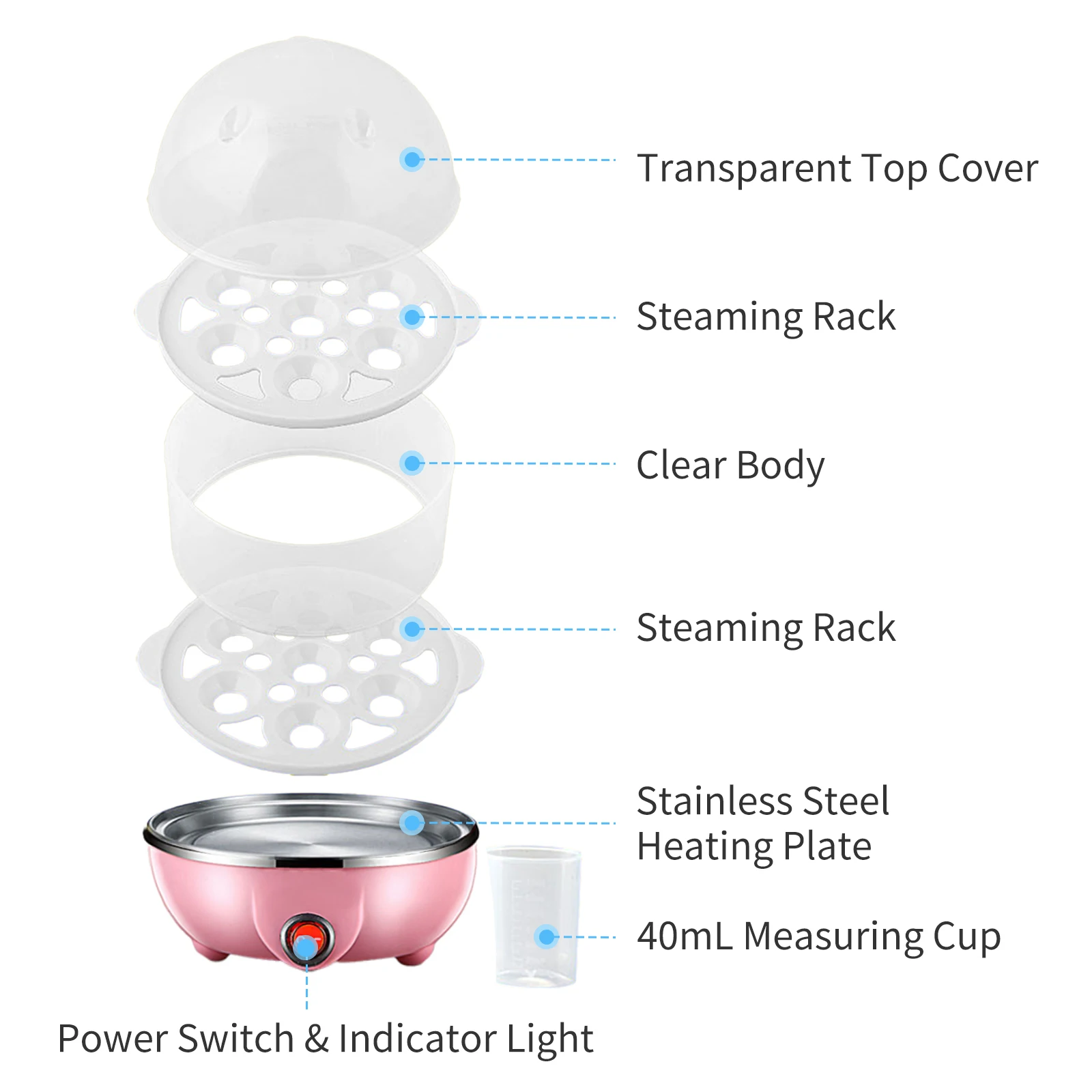 Double Layer Egg Cooker 14 Egg Capacity Hard Boiled Egg Cooker Anti-dry Electric Egg Boiler with 40mL Measuring Cup Steam 4