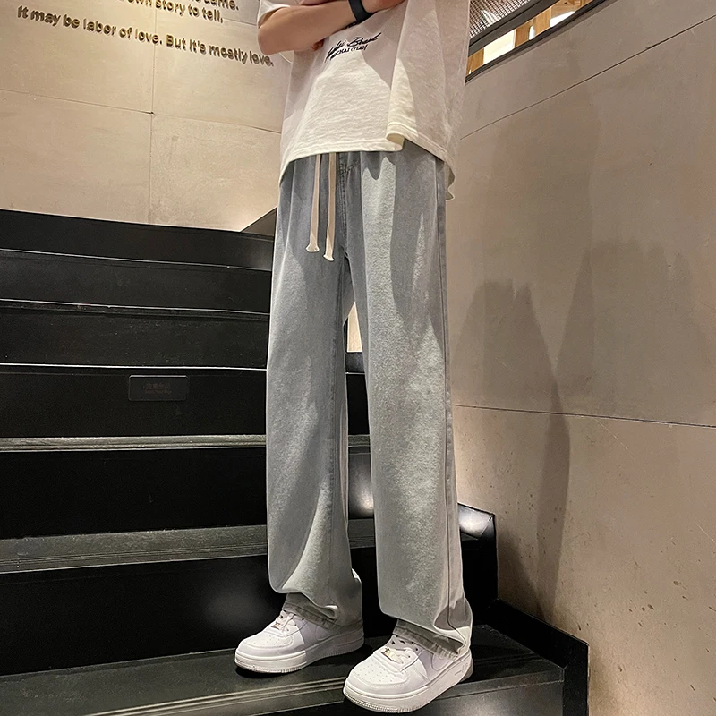 Spring New Streetwear Baggy Jeans Men Korean Fashion Loose Straight Wide Leg Pants Male Brand Clothing Black Light Blue