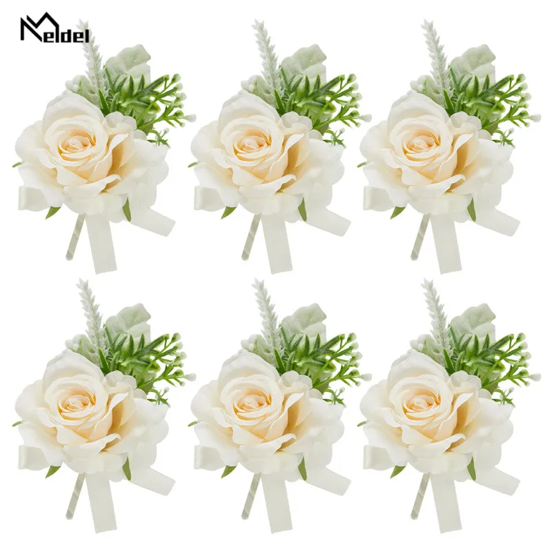 

6PCS Champange White Groomsman Boutonnieres Flowers Artificial Roses Bridal Bridesmaid Girl Bracelets Flowers Wrist Corsage