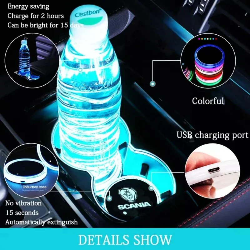 Car Luminous Water Cup Led Color Coaster Light Accessorie Per Scania 900 R620 R470 Colorful Anti-Slip Coaster Lights Atmosphere