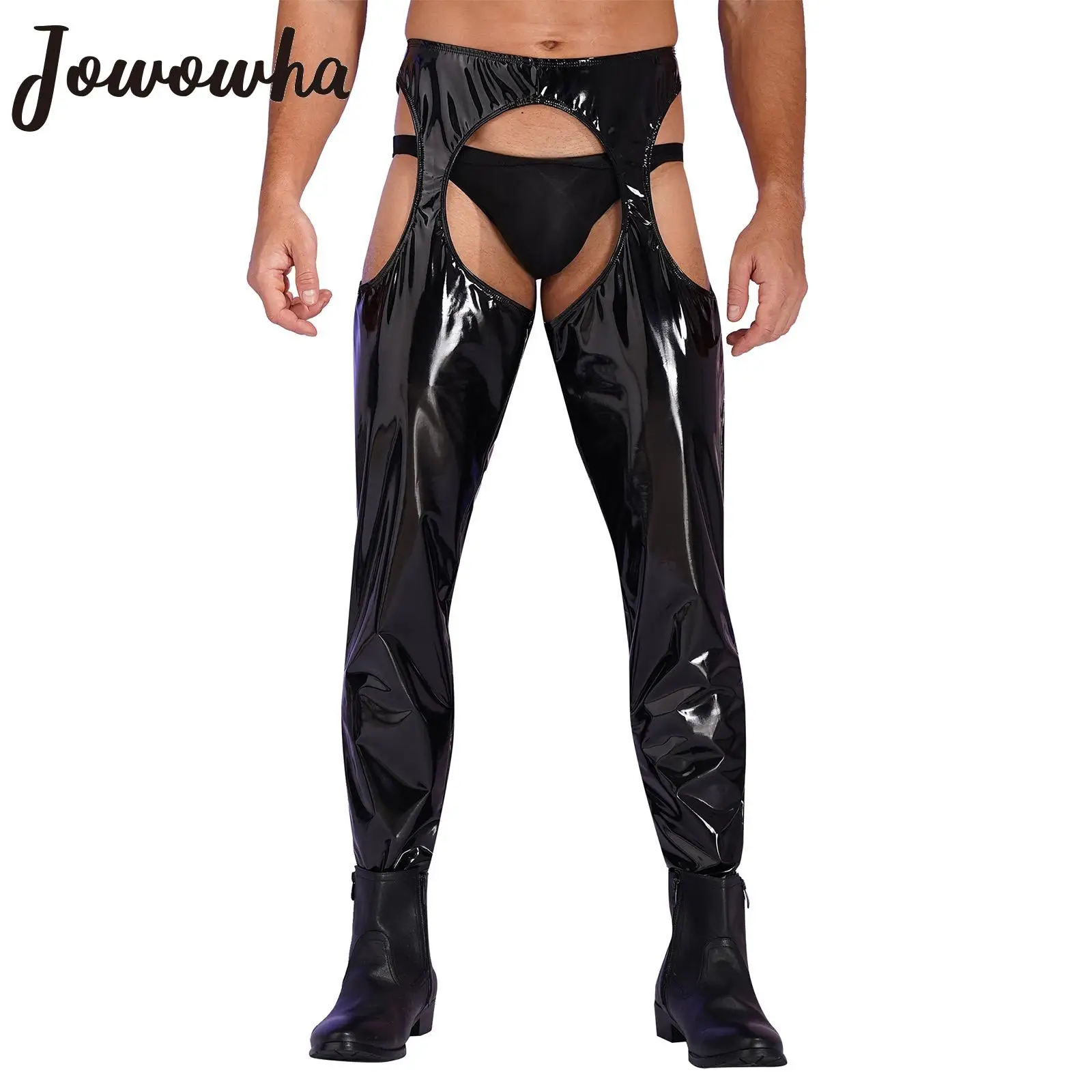 

Mens Sexy Crotchless Open Butt Pants Wet Look Erotic Trouser Patent Leather Cutout Leggings Party Pole Dance Nightclub Clubwear