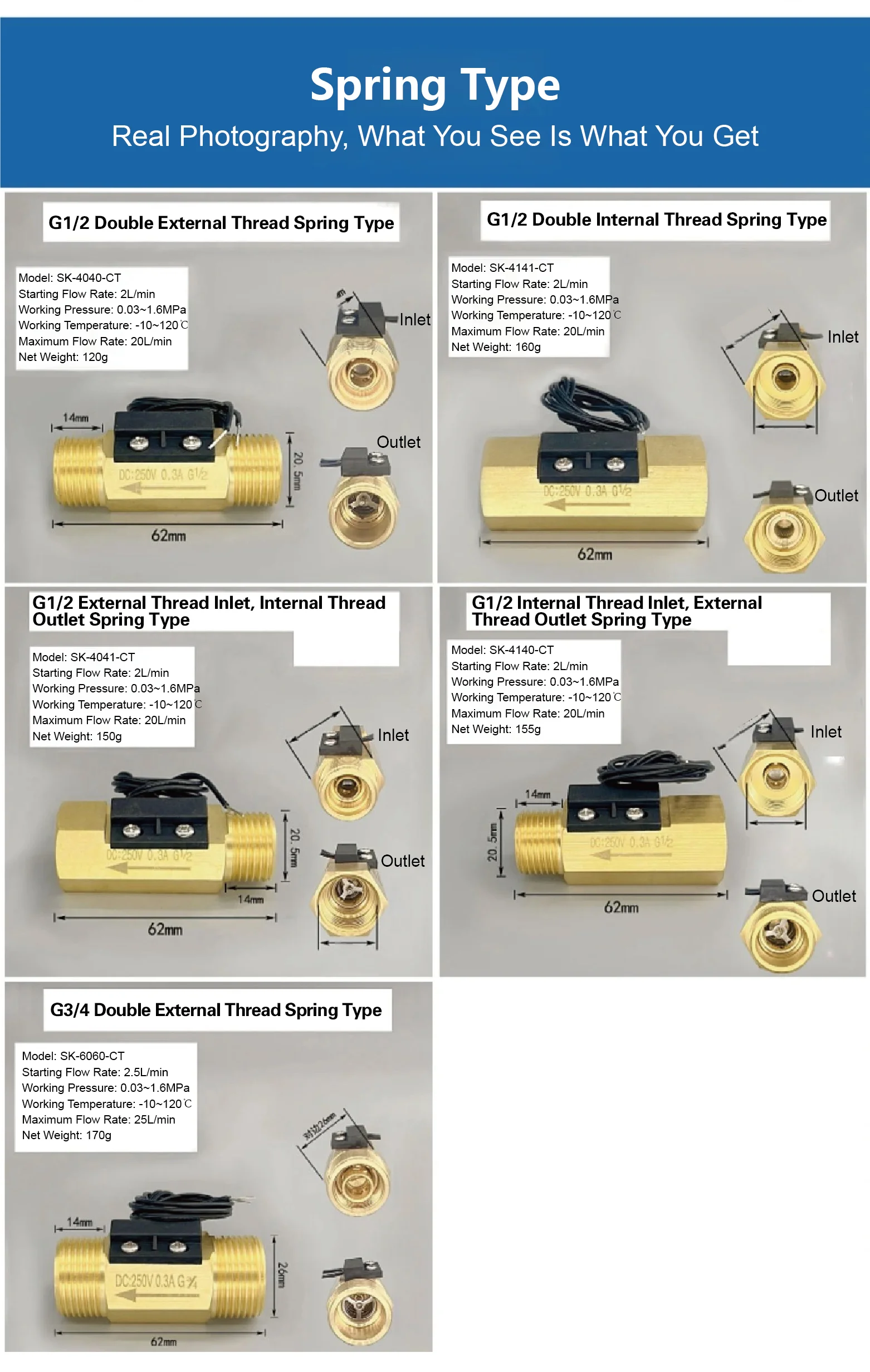 Brass Water Flow Switch Low Flow 1.5-3 L/min G1/4 G3/8 G1/2 G3/4 Thread Magnetic