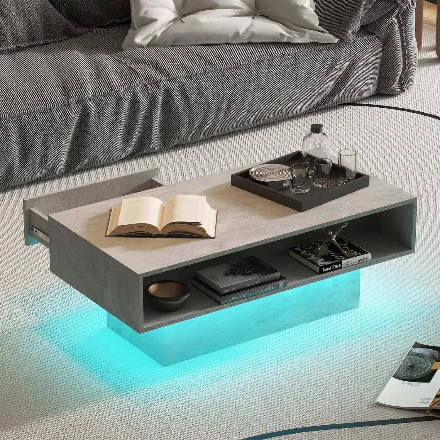 LED Coffee Table with Storage, Rectangular Center Table for Living Room, Modern High Glossy Farmhouse Coffee Table with16 Colors 3