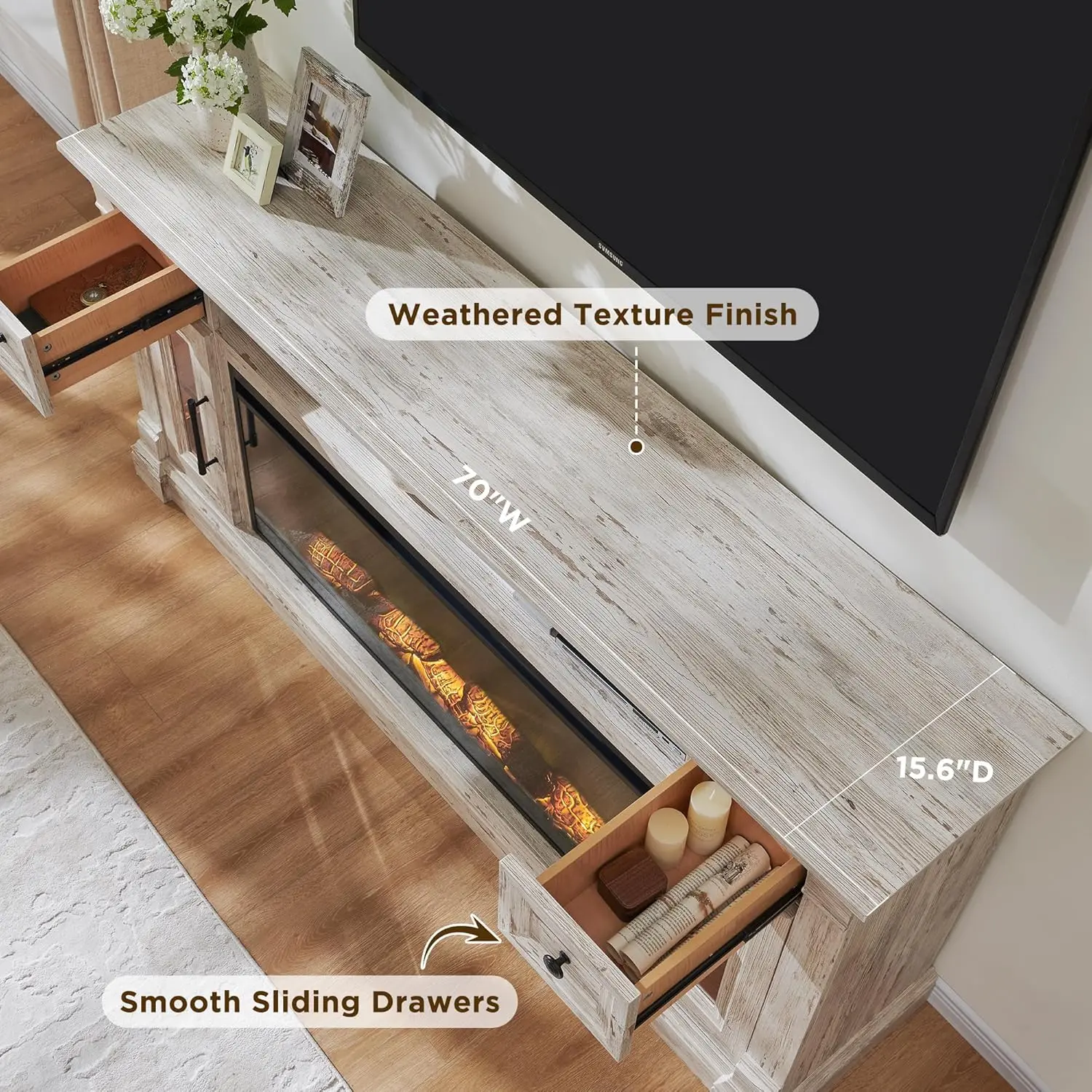 Fireplace TV Stand - Farmhouse Entertainment Center with 42" Electric & LED Lights, Wood Media Console , Antique Brush White 2