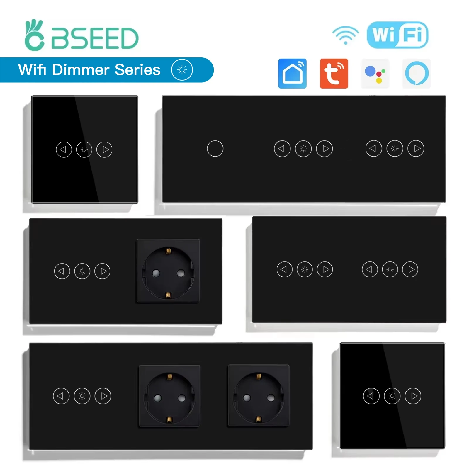 BSEED Wifi สมาร์ทสวิตช์หรี่ไฟ Tuya Smart Life Goolgle Home Control Plus ปกติ Type-c USB EU ซ็อกเก็ตแผงกระจกสีดํา 1