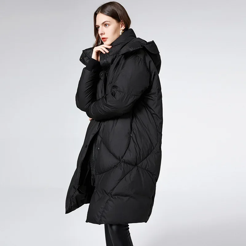 Down jacket women's mid length knee length 2023 winter new white duck down loose and stylish, thickened hooded slimming jacket