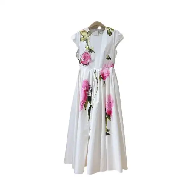 Abiti lunghi bianchi floreali eleganti Abito longuette in raso da sera con maniche corte stampato a maniche corte per le vacanze estive da donna 5