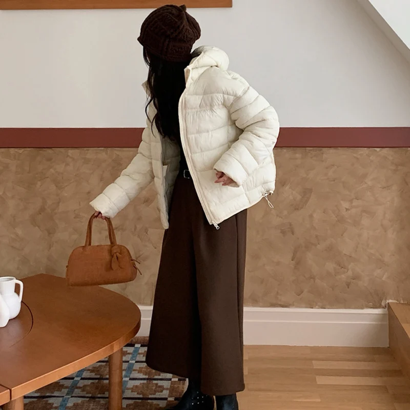 Lightweight Solid Color Down Cotton Parkas Women Korean Zipper Up Hooded Crop Parkas Woman Casual Thicken Warm Cotton Jackets